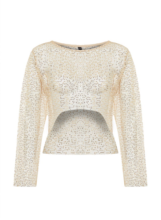 trendyol - Beige Crop Unlined Shiny Sequined Knitted Mesh Blouse TPRSS24BZ00009 - Image 1