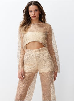 Beige Crop Unlined Shiny Sequined Knitted Mesh Blouse TPRSS24BZ00009