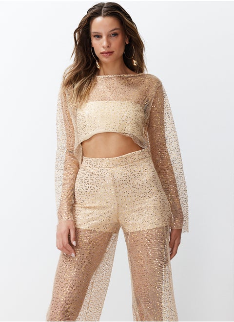 Beige Crop Unlined Shiny Sequined Knitted Mesh Blouse TPRSS24BZ00009