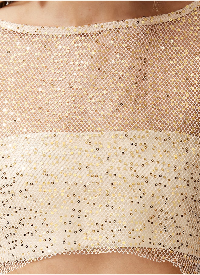 trendyol - Beige Crop Unlined Shiny Sequined Knitted Mesh Blouse TPRSS24BZ00009 - Image 1