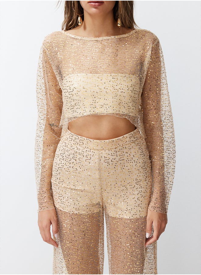 trendyol - Beige Crop Unlined Shiny Sequined Knitted Mesh Blouse TPRSS24BZ00009 - Image 1