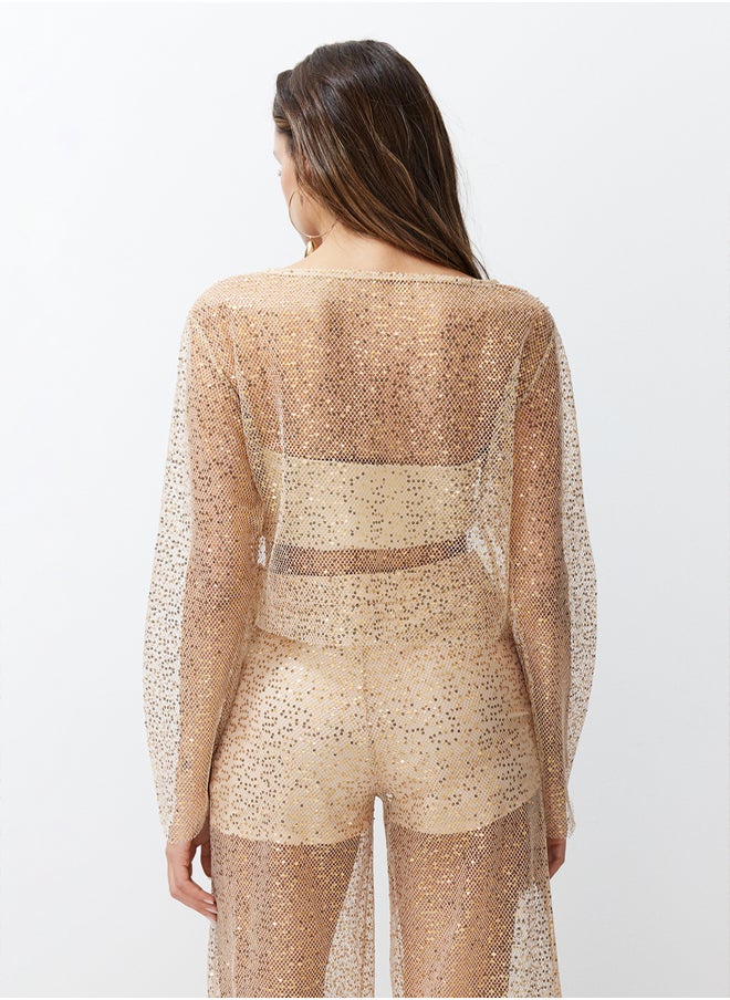 trendyol - Beige Crop Unlined Shiny Sequined Knitted Mesh Blouse TPRSS24BZ00009 - Image 1