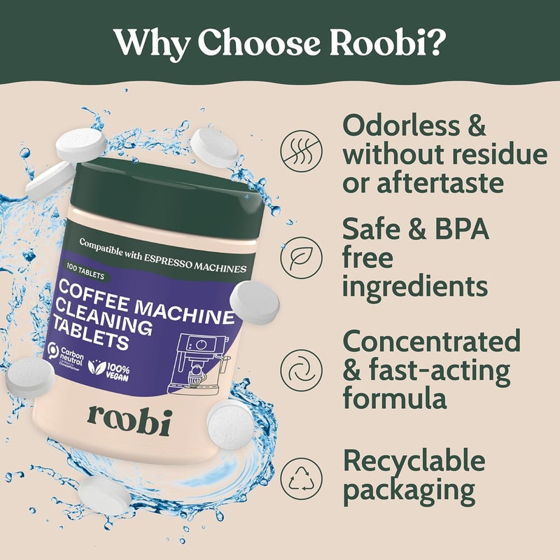 Roobi أقراص تنظيف آلة الإسبريسو من روبي. أقراص تنظيف آلة القهوة. عبوة تنظيف إسبريسو محايدة للكربون تحتوي على 100 قرص. - Image 4