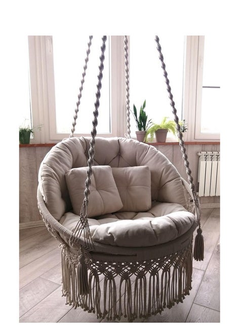 Macrame Hanging Chair with Cushions, 80 cm, Beige, Handmade Decoration Elegant Attractive Vintage Bear Weight 120 kg