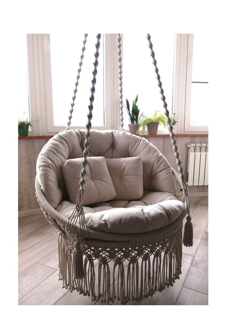 كرسي معلق من المكرمية مع وسائد، 80 سم، بيج، ديكور يدوي أنيق جذاب على شكل دب عتيق، وزن 120 كجم