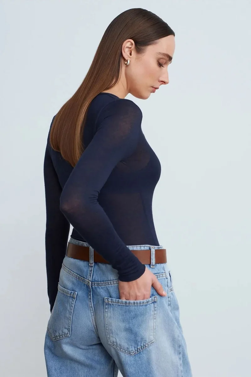 Dilvin Navy Blue DILVIN Slim Fit V-Neck Long Sleeve Top for Women | Best Price UAE
