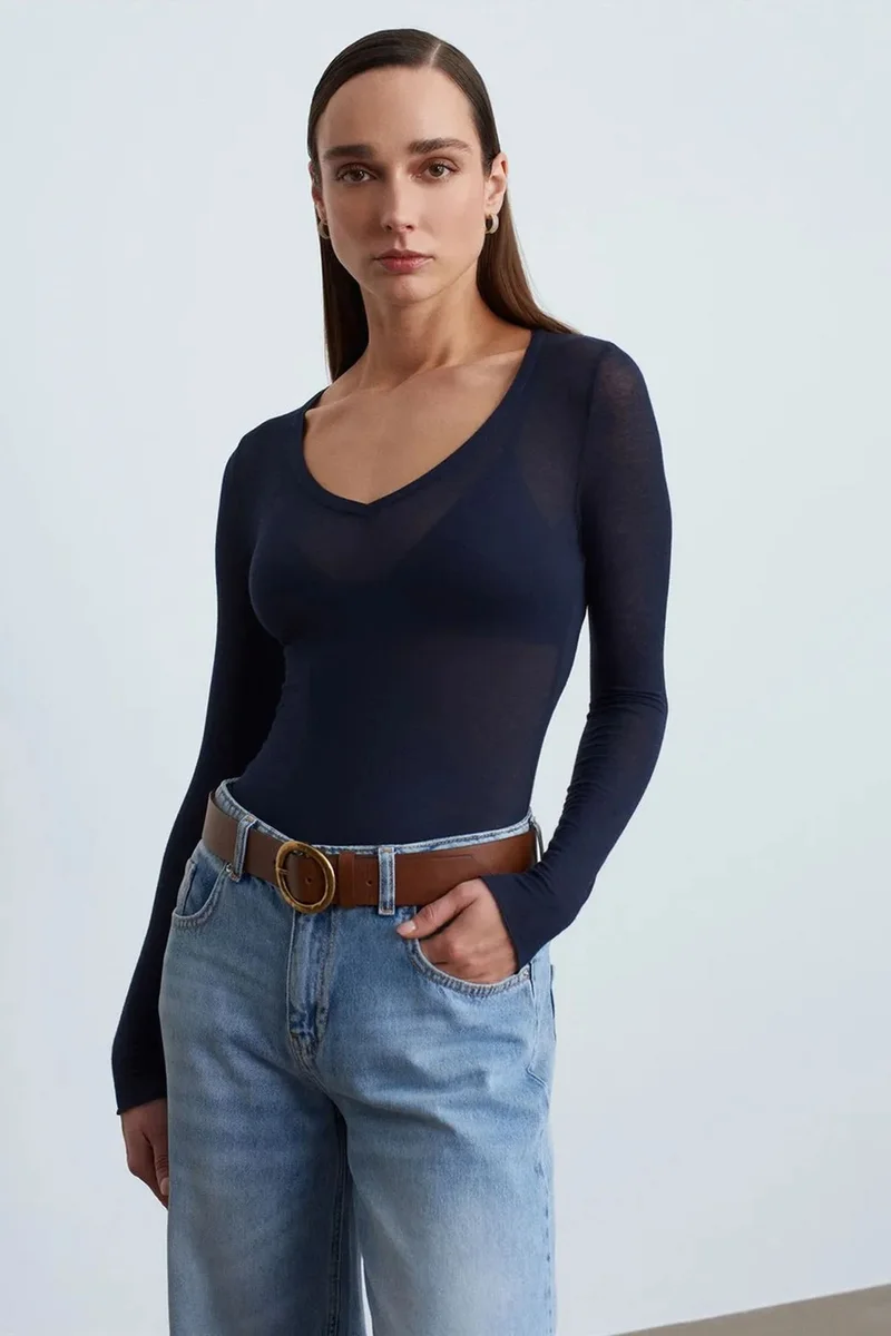 Dilvin Navy Blue DILVIN Slim Fit V-Neck Long Sleeve Top for Women | Best Price UAE