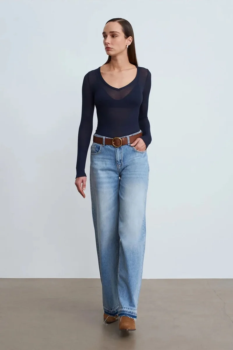 Dilvin Navy Blue DILVIN Slim Fit V-Neck Long Sleeve Top for Women | Best Price UAE