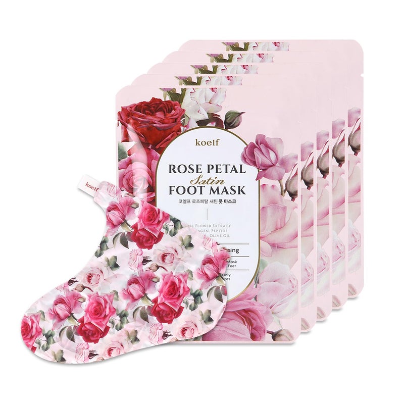 Koelf PETITFEE Rose Petal Satin Foot Mask 5pairs  Intensive Nourishing Socks Rose Scented Foot Repair Masks with Peptide Collagen Shea Butter Urea for Silky Smooth Feet Foot Treatment Body Mask