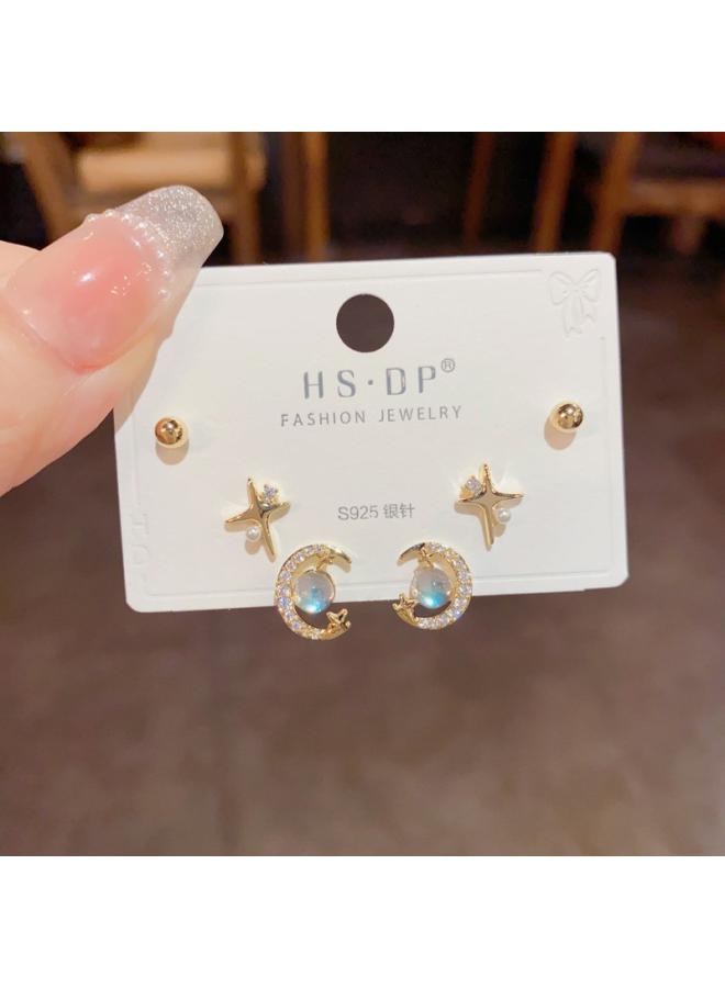 S925 Silver Needle Micro Inlaid Zircon Short Earrings Short Hair Earrings And Korean Elegant All-match Simple Three-piece Set Earrings For Women 