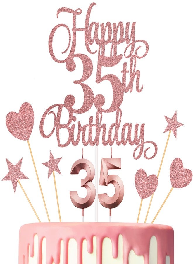 Lecferrarc 35th Birthday Cake Toppers, 35th Birthday Candles Numeral Candles and Glitter Cake Decorations Toppers Set for Party Supplies (Rose Gold) - Image 1