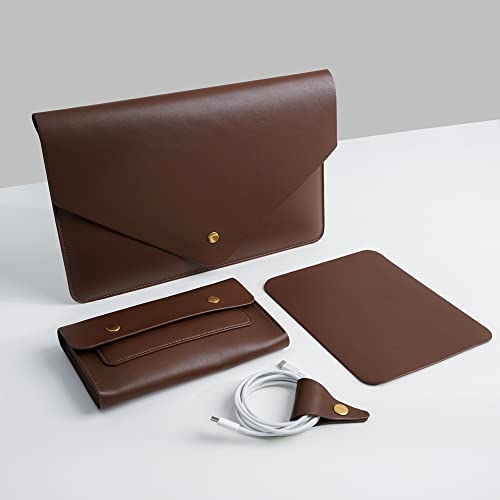 Benfan PU Leather Laptop Sleeve 13 Inch Compatible for 13 MacBook Air M3 M2,13 MacBook Pro M2, Surface Pro, Dell XPS 13 with Small Pouch, Mouse Pad and Cord Organizer Color Dark Brown - Image 1