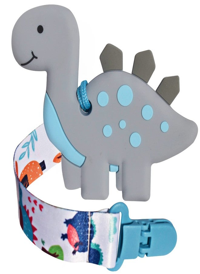 BIGSPINACH 1 Soft Dinosaur Teether for Babies and 1 Baby Pacifier Clip, Valentines Day Gifts for Baby Girl Boy,Silicone Chew Toys (Grey Dinosaur) - Image 1