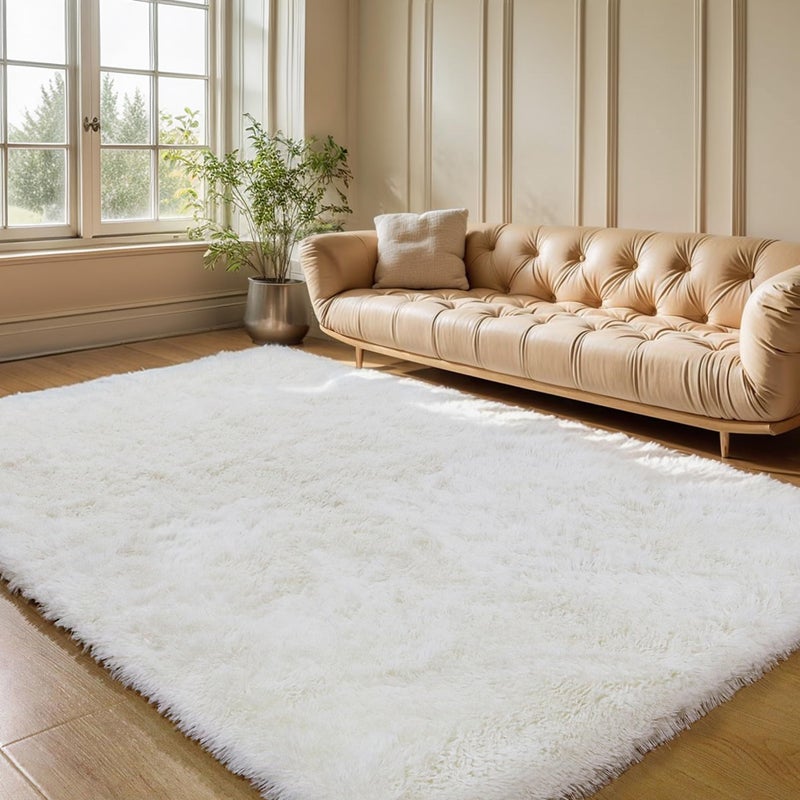 KICHOWUA KCHOWUA Cream White Fluffy Shag Rug for Bedroom,4'x6' Machine Washable Soft Shaggy Fuzzy Small Area Rugs for Living Room,Cute Furry Plush Kids Rugs Nursery Dorm Boys Girls Bed Room Carpets,Ivory - Image 1