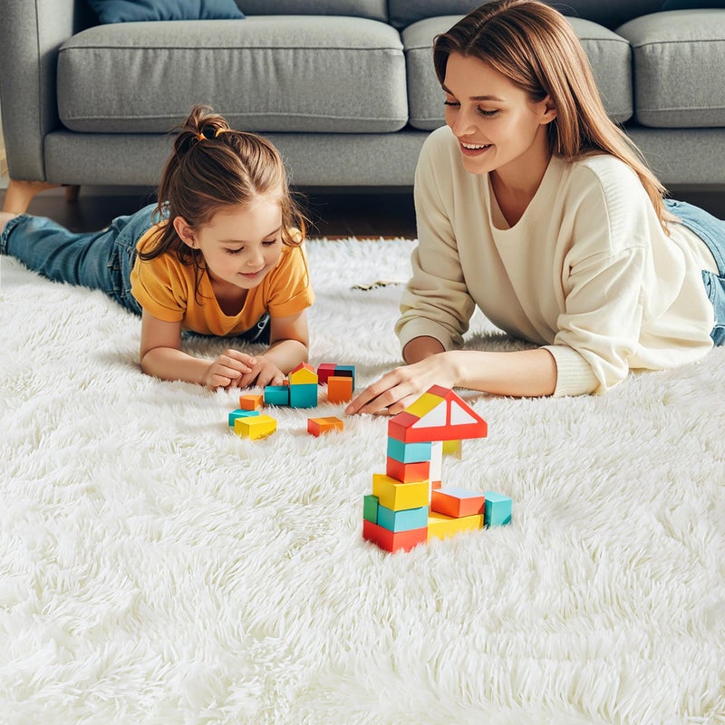 KICHOWUA KCHOWUA Cream White Fluffy Shag Rug for Bedroom,4'x6' Machine Washable Soft Shaggy Fuzzy Small Area Rugs for Living Room,Cute Furry Plush Kids Rugs Nursery Dorm Boys Girls Bed Room Carpets,Ivory - Image 2