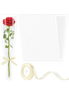 Apustim 50Pcs Single Rose Flower Set Plus A Plate Of 22m Ribbon Set，Flower Packaging Bag，Single Flower Packaging Bag，Suitable For Wedding，Birthday，Florist Supplies Mother's Day （Transparent）  - Image 1