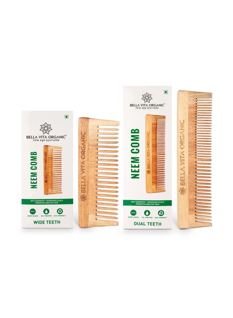 Bella Vita Organic Pure Neem Wooden Comb Combo With Dual And Wide Teeth Hair Growth Anti Bacterial Dandruff Remover And Hair Styling Comb Daily Use - Image 1