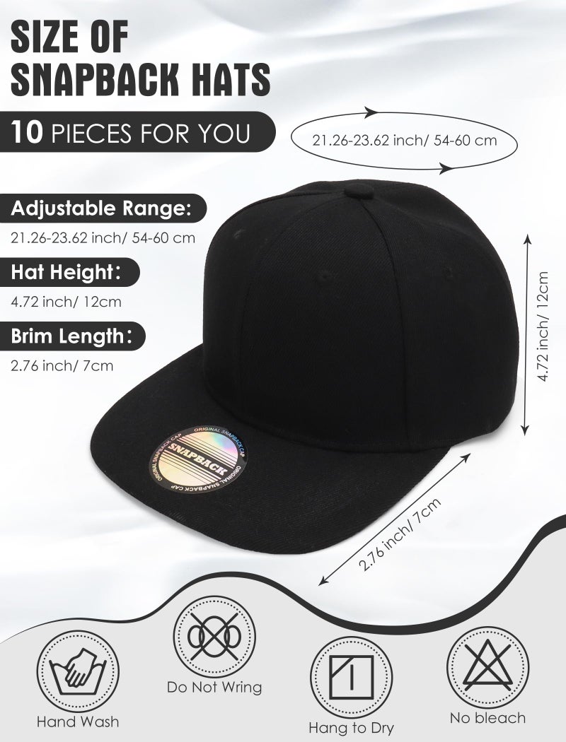 PJPSAA 10 Pack Blank Snapback Hats for Men Hip Hop Style Adjustable Flat Brim Hats Baseball Caps Bulk (Black) - Image 2