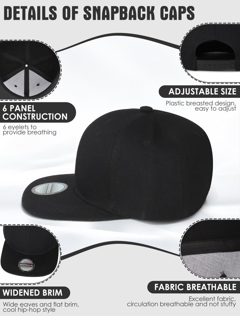 PJPSAA 10 Pack Blank Snapback Hats for Men Hip Hop Style Adjustable Flat Brim Hats Baseball Caps Bulk (Black) - Image 3