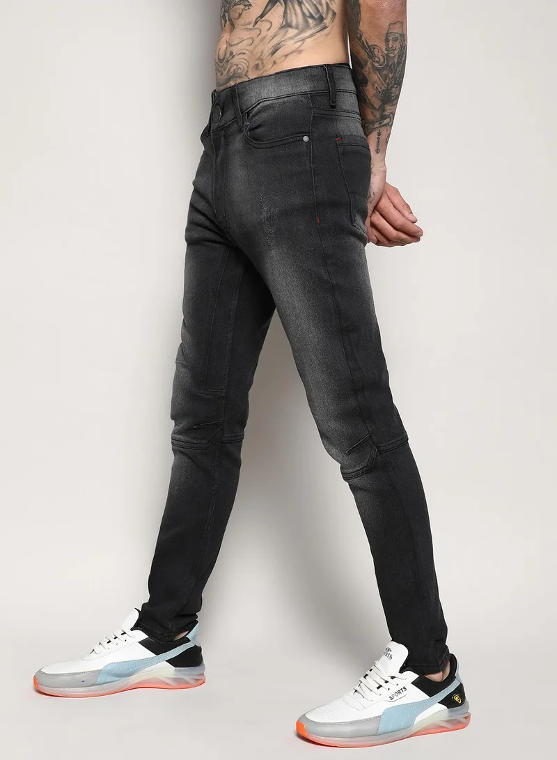 Campus Sutra Men's Black Self-Design Patched Stitched Denim Jeans
