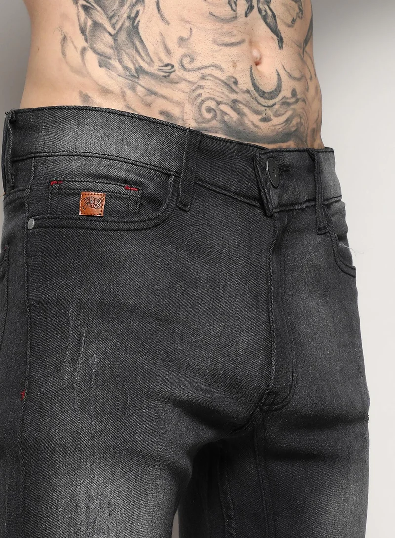Campus Sutra Men's Black Self-Design Patched Stitched Denim Jeans