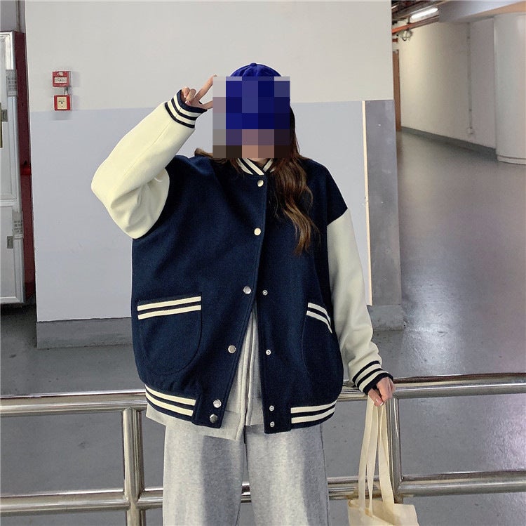 Womens Loose-Fit Harajuku Style Baseball Cap Sweater Autumn/Winter 2023 New Korean Version Versatile Trendy Jacket Navy blue  - Image 1