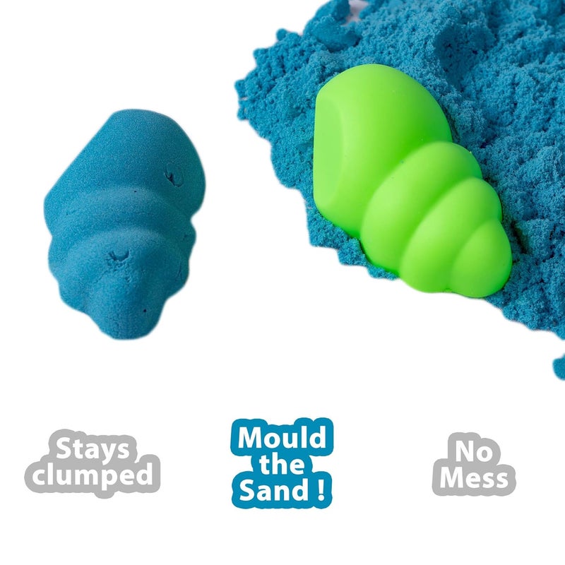 RATNA'S رمال فانتازيا 500 جرام لون أزرق مع صينية قابلة للنفخ، 1 قالب كبير، 6 قوالب صغيرة و 1 سكين بلاستيكي لعبة | مجموعة رمال ناعمة وغير لزجة للأطفال - Image 5