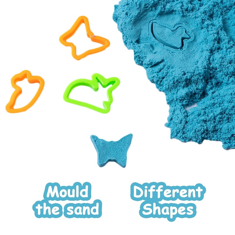 RATNA'S رمال فانتازيا 500 جرام لون أزرق مع صينية قابلة للنفخ، 1 قالب كبير، 6 قوالب صغيرة و 1 سكين بلاستيكي لعبة | مجموعة رمال ناعمة وغير لزجة للأطفال - Image 3