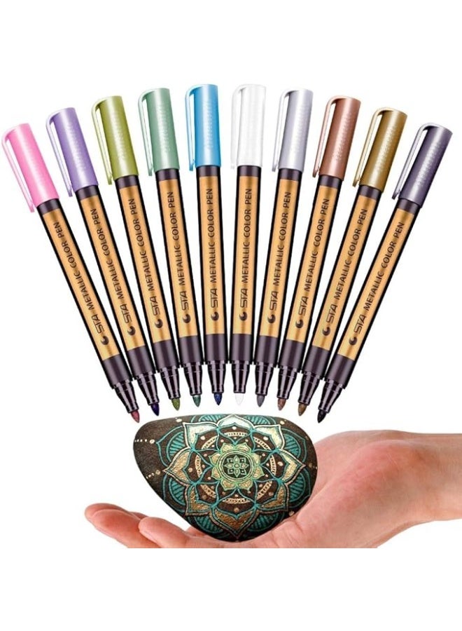 أس تي أيه أقلام تحديد معدنية من STA، 10 ألوان، للرسم على الصخور، أقلام تحديد معدنية متوسطة اللون للسيراميك والزجاج والبلاستيك ودفاتر القصاصات - Image 1