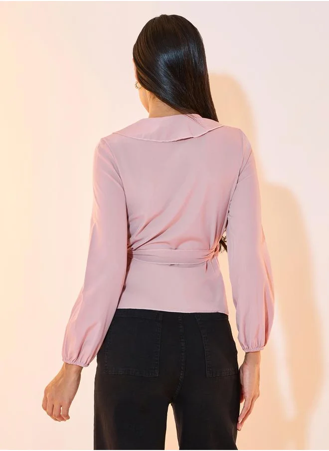 Take Two Solid Ruffled Long Sleeves Wrap Top