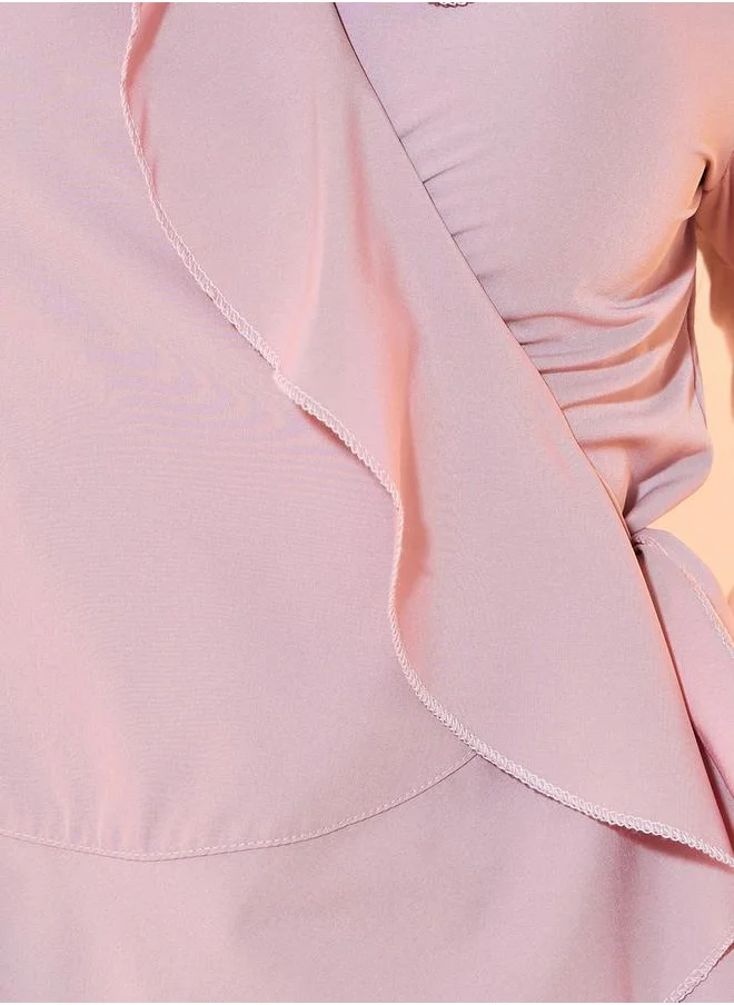 Take Two Solid Ruffled Long Sleeves Wrap Top
