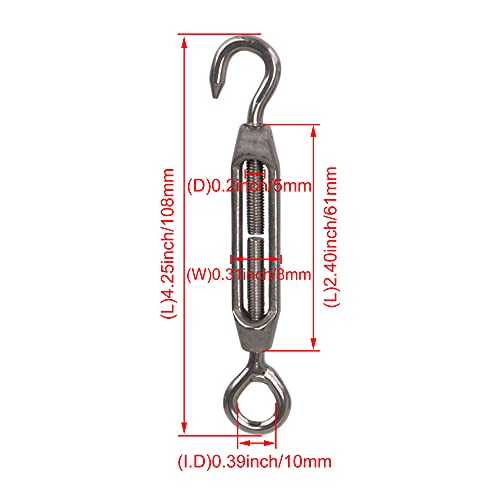 BQLZR M4 Stainless Steel 304 Hook & Eye Turnbuckle Wire Rope Tension for DIY String Light Picture Hanging, Garden Wire, Fence Gate Wire, Tent Rope Pack of 5 - Image 4
