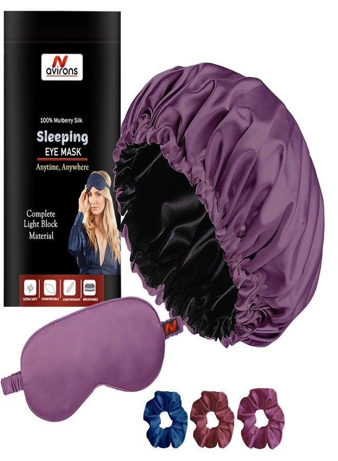 Avirons Silk Hair Bonnet with Eye Mask for Sleeping and Scrunchies| Satin Sleeping Cap for Hair| Sleeping Eye Mask | Double Layer Bonnet | Reversible Silk Hair Cap for Sleeping - Image 1
