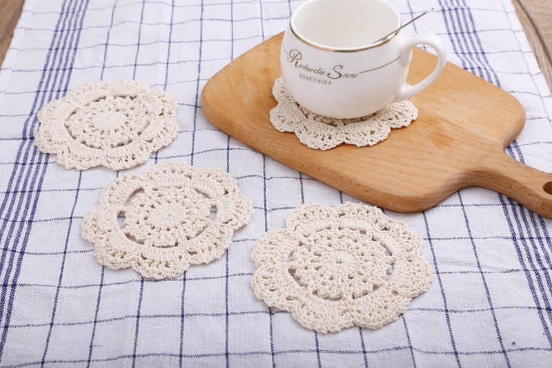 Phantomon Doilies Crochet Cotton Lace Round Handmade Coasters Small Doilies Cloth 4 Inch, Pack of 4 (Beige) - Image 3