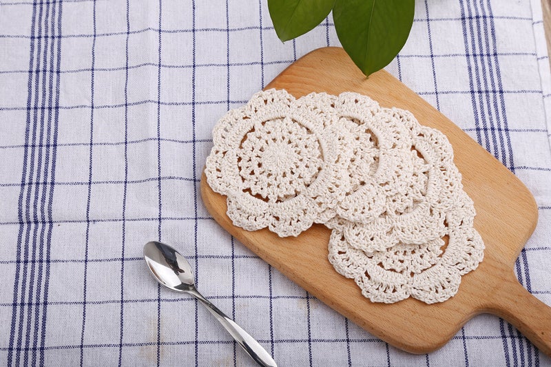 Phantomon Doilies Crochet Cotton Lace Round Handmade Coasters Small Doilies Cloth 4 Inch, Pack of 4 (Beige) - Image 5