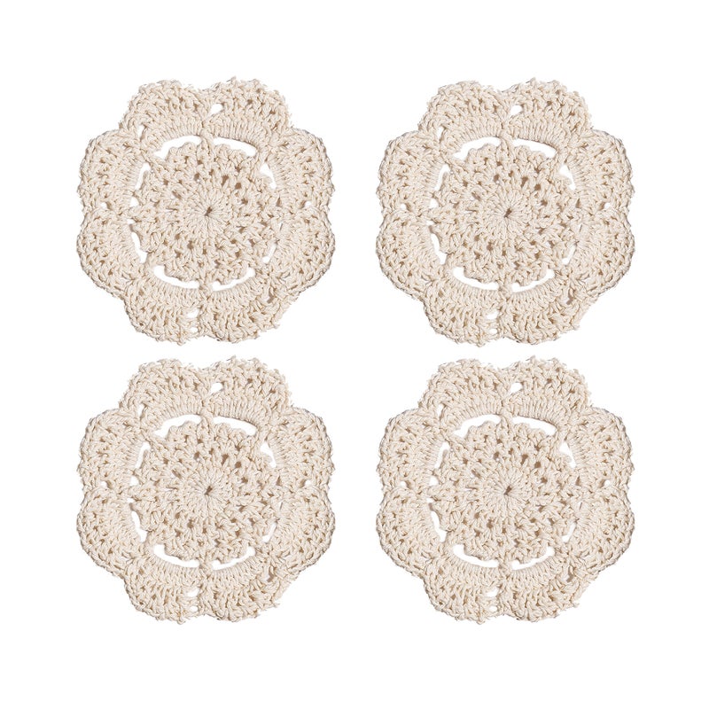 Phantomon Doilies Crochet Cotton Lace Round Handmade Coasters Small Doilies Cloth 4 Inch, Pack of 4 (Beige) - Image 1