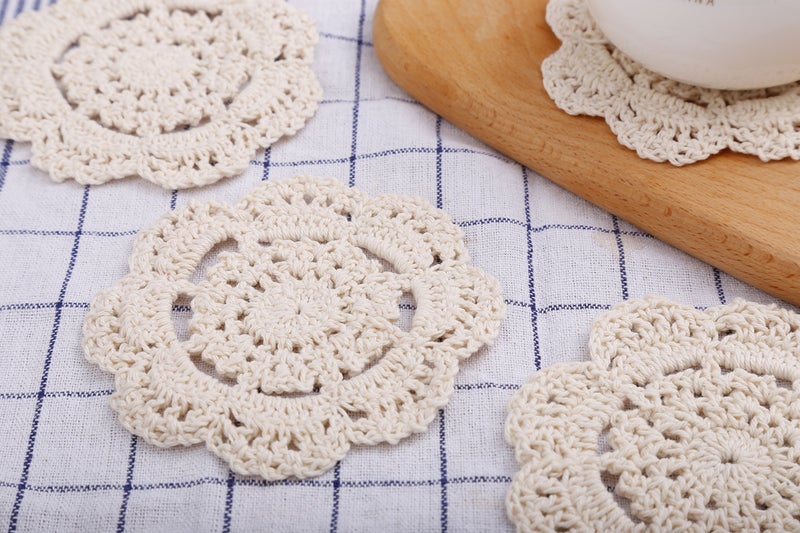 Phantomon Doilies Crochet Cotton Lace Round Handmade Coasters Small Doilies Cloth 4 Inch, Pack of 4 (Beige) - Image 4