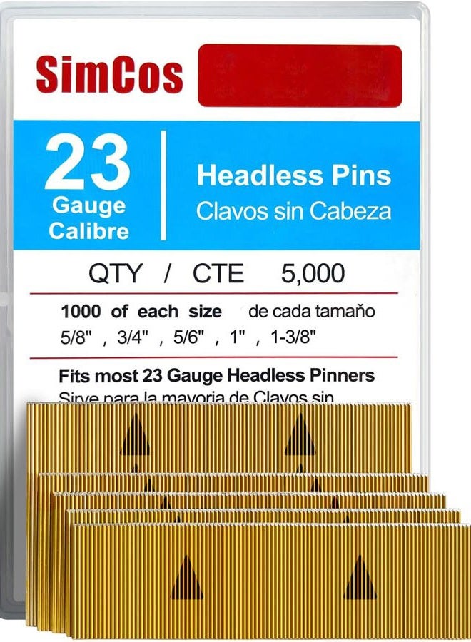 SimCos 23 Gauge Pinner Nails (5/8",3/4",5/6",1",1-3/8") Assorted 5 Sizes' Headless Pin Nails for 23 GA Pneumatic or Electric Pinner or pin Gun,Project Pack (5000) - Image 1