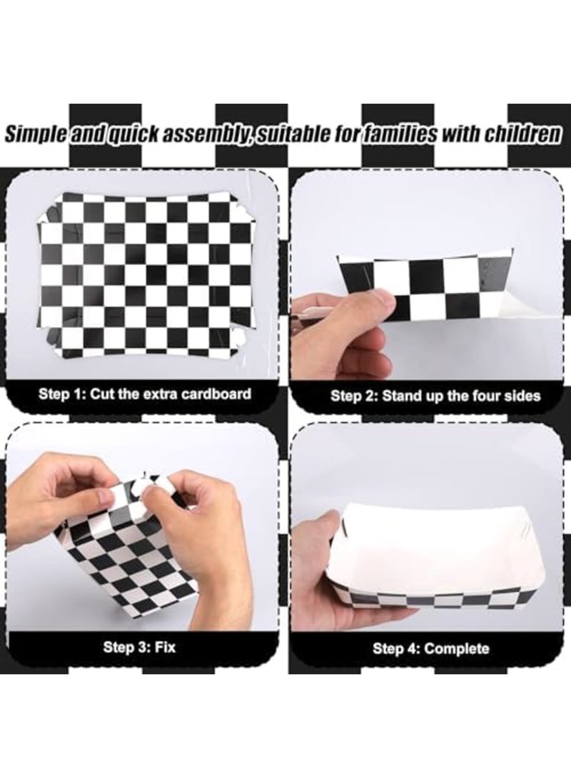 SYOSI Paper Food Trays, Checkered Black and White Serving Plate Boxes, Racing Themed Party Decoration Supplies for Snacks, Popcorn, Fries, Cookies, Easy-to-Fold for Birthday and Themed Celebrations （24pcs） - Image 3