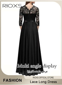 RIOXS Women's Elegant Lace Long Dress 3/4 Sleeve Chiffon Party Wedding Maxi Dress Ladies Black Lace Slim Evening Cocktail Dresses For Special Occasions  - Image 2
