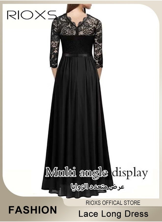 RIOXS - Women's Elegant Lace Long Dress 3/4 Sleeve Chiffon Party Wedding Maxi Dress Ladies Black Lace Slim Evening Cocktail Dresses For Special Occasions - Image 1