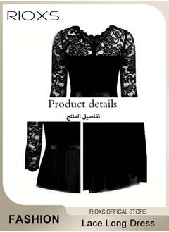 RIOXS Women's Elegant Lace Long Dress 3/4 Sleeve Chiffon Party Wedding Maxi Dress Ladies Black Lace Slim Evening Cocktail Dresses For Special Occasions  - Image 4