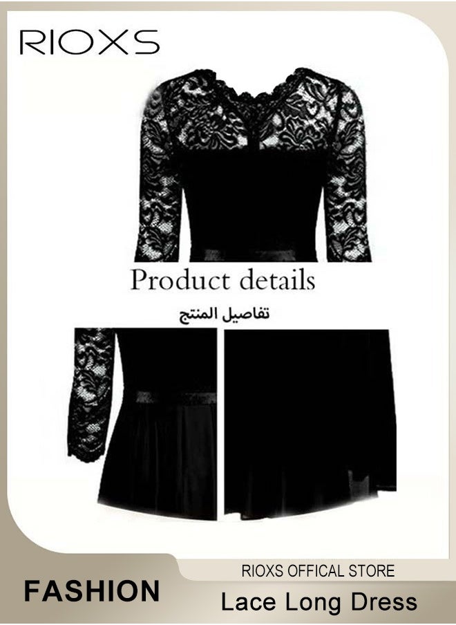 RIOXS - Women's Elegant Lace Long Dress 3/4 Sleeve Chiffon Party Wedding Maxi Dress Ladies Black Lace Slim Evening Cocktail Dresses For Special Occasions - Image 1