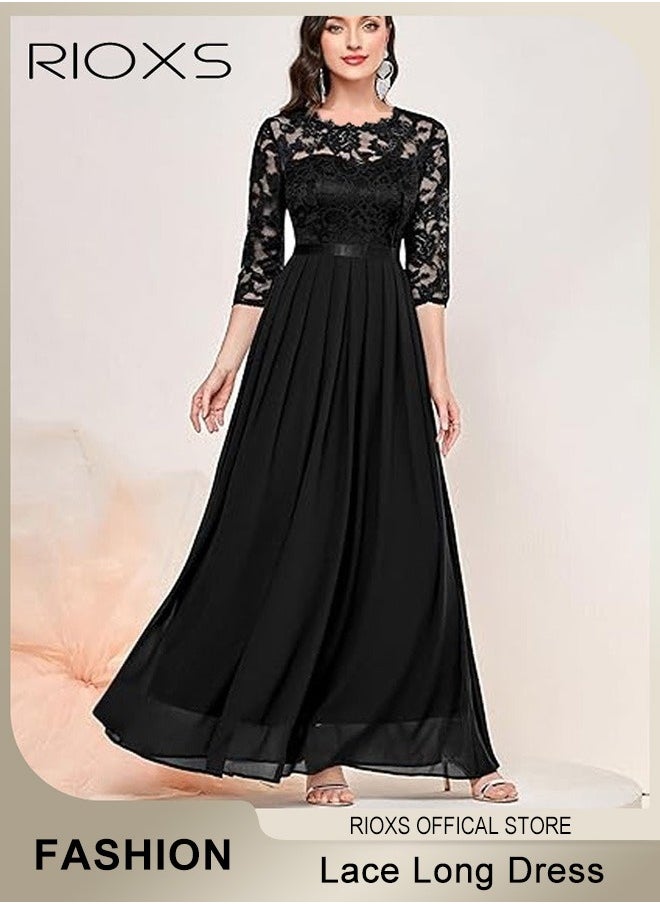 RIOXS - Women's Elegant Lace Long Dress 3/4 Sleeve Chiffon Party Wedding Maxi Dress Ladies Black Lace Slim Evening Cocktail Dresses For Special Occasions - Image 1