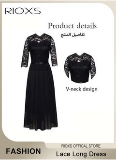 RIOXS Women's Elegant Lace Long Dress 3/4 Sleeve Chiffon Party Wedding Maxi Dress Ladies Black Lace Slim Evening Cocktail Dresses For Special Occasions  - Image 3