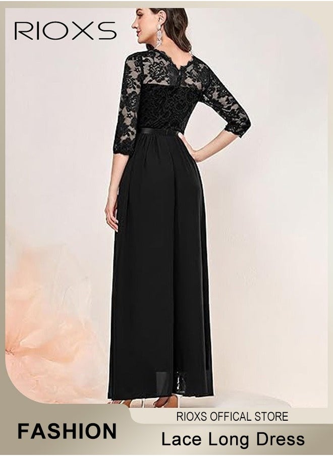 RIOXS - Women's Elegant Lace Long Dress 3/4 Sleeve Chiffon Party Wedding Maxi Dress Ladies Black Lace Slim Evening Cocktail Dresses For Special Occasions - Image 1