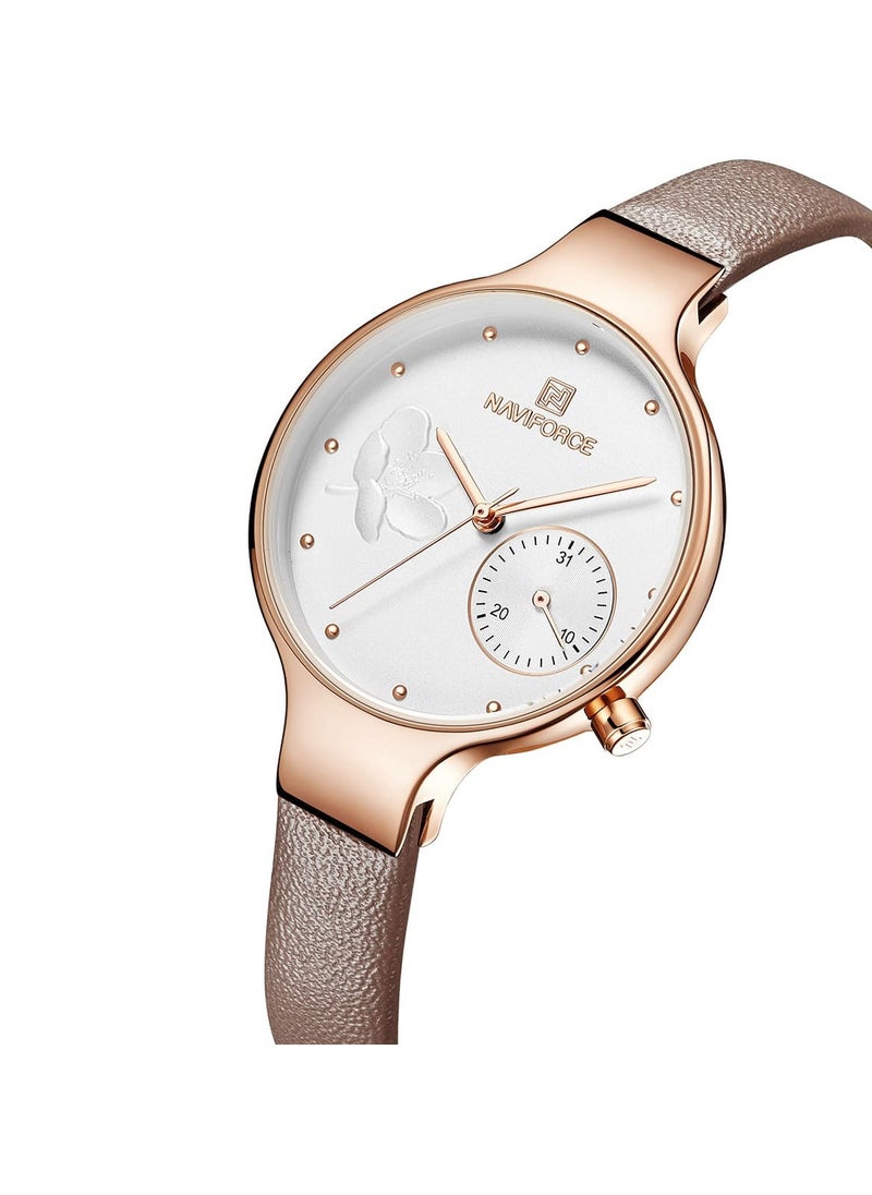 NAVIFORCE - Elegant Women's Quartz Watch Stylish Round Dial with Floral Embossed Design Sub-Dial Display Leather Strap Fashionable Timepiece for Everyday Wear and Special Occasions - Image 1