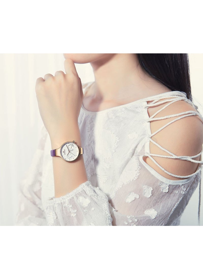 NAVIFORCE - Elegant Women's Quartz Watch Stylish Round Dial with Floral Embossed Design Sub-Dial Display Leather Strap Fashionable Timepiece for Everyday Wear and Special Occasions - Image 1