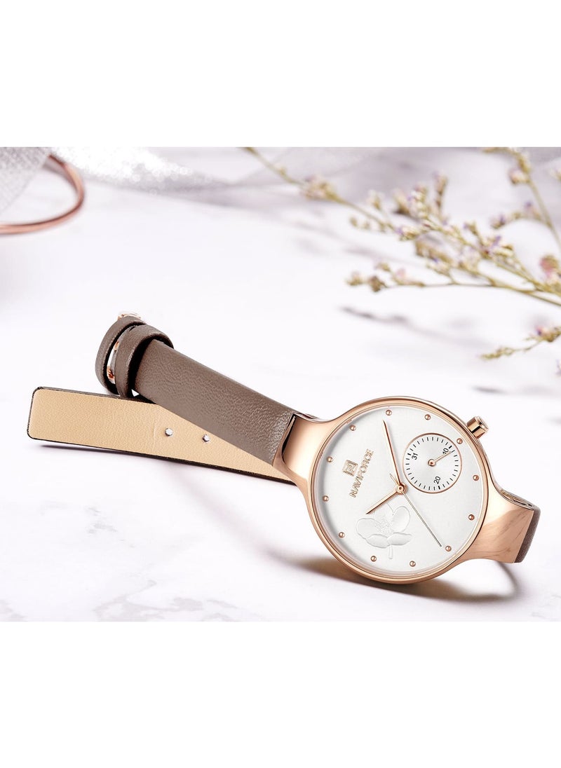 NAVIFORCE - Elegant Women's Quartz Watch Stylish Round Dial with Floral Embossed Design Sub-Dial Display Leather Strap Fashionable Timepiece for Everyday Wear and Special Occasions - Image 1