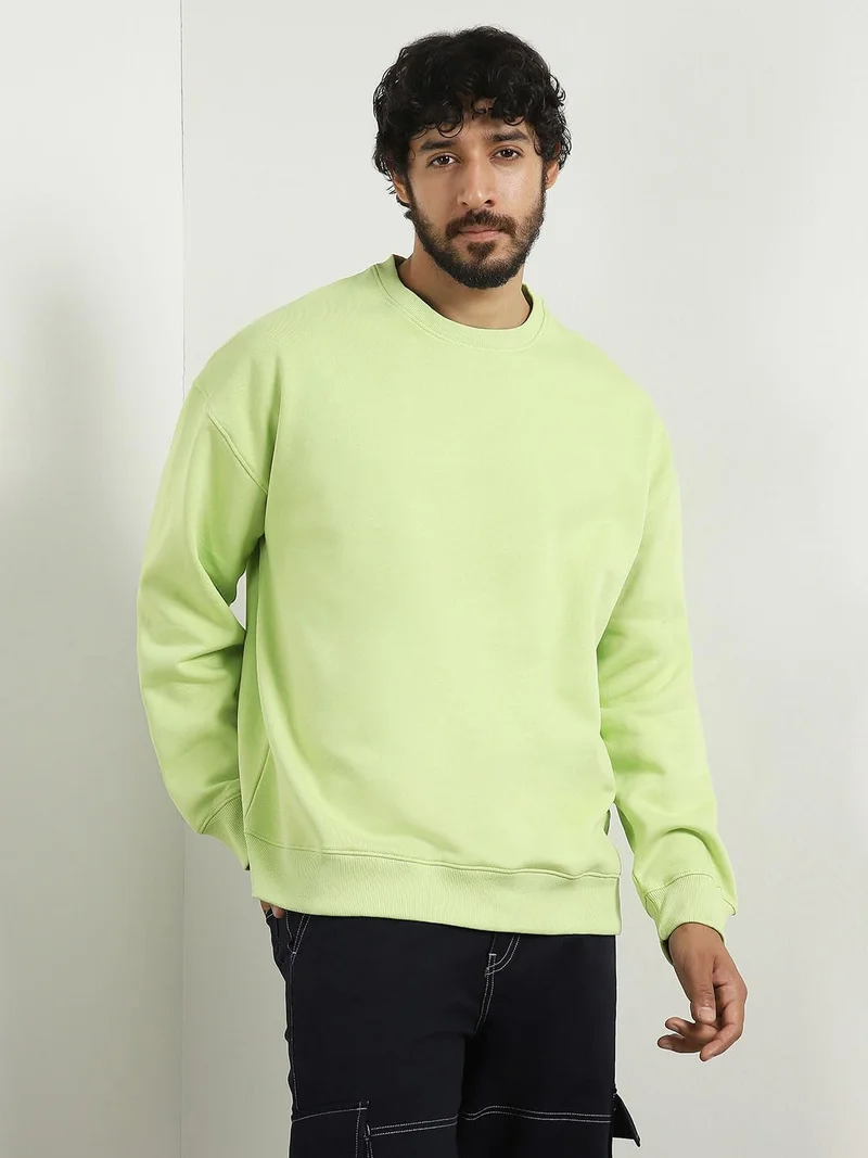 NOBERO Men's Oversized Cotton Crew Neck Sweatshirt in Light Green